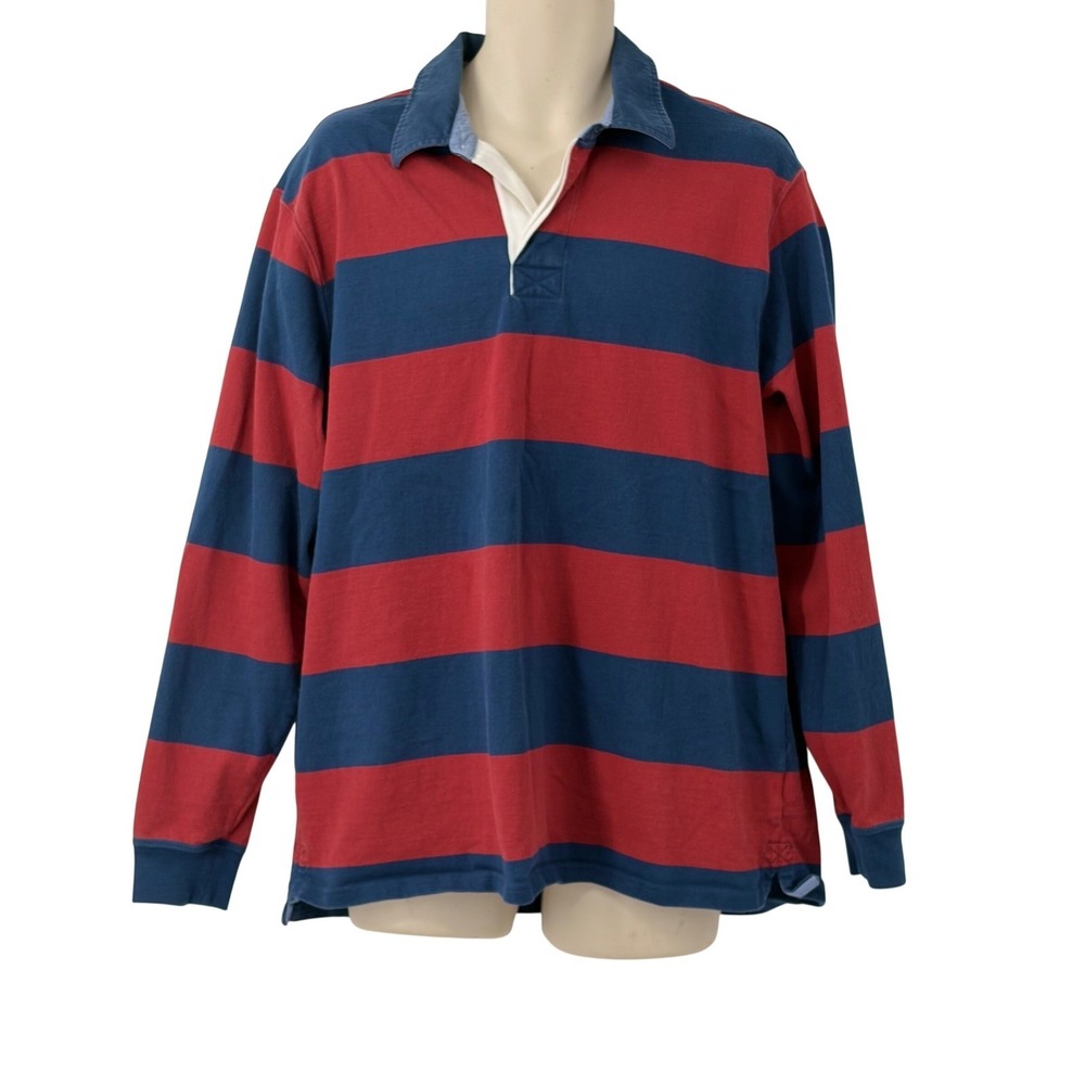 LL Bean Mens Rugby Polo Shirt Red Navy Blue Striped Cotton Traditional Fit Large